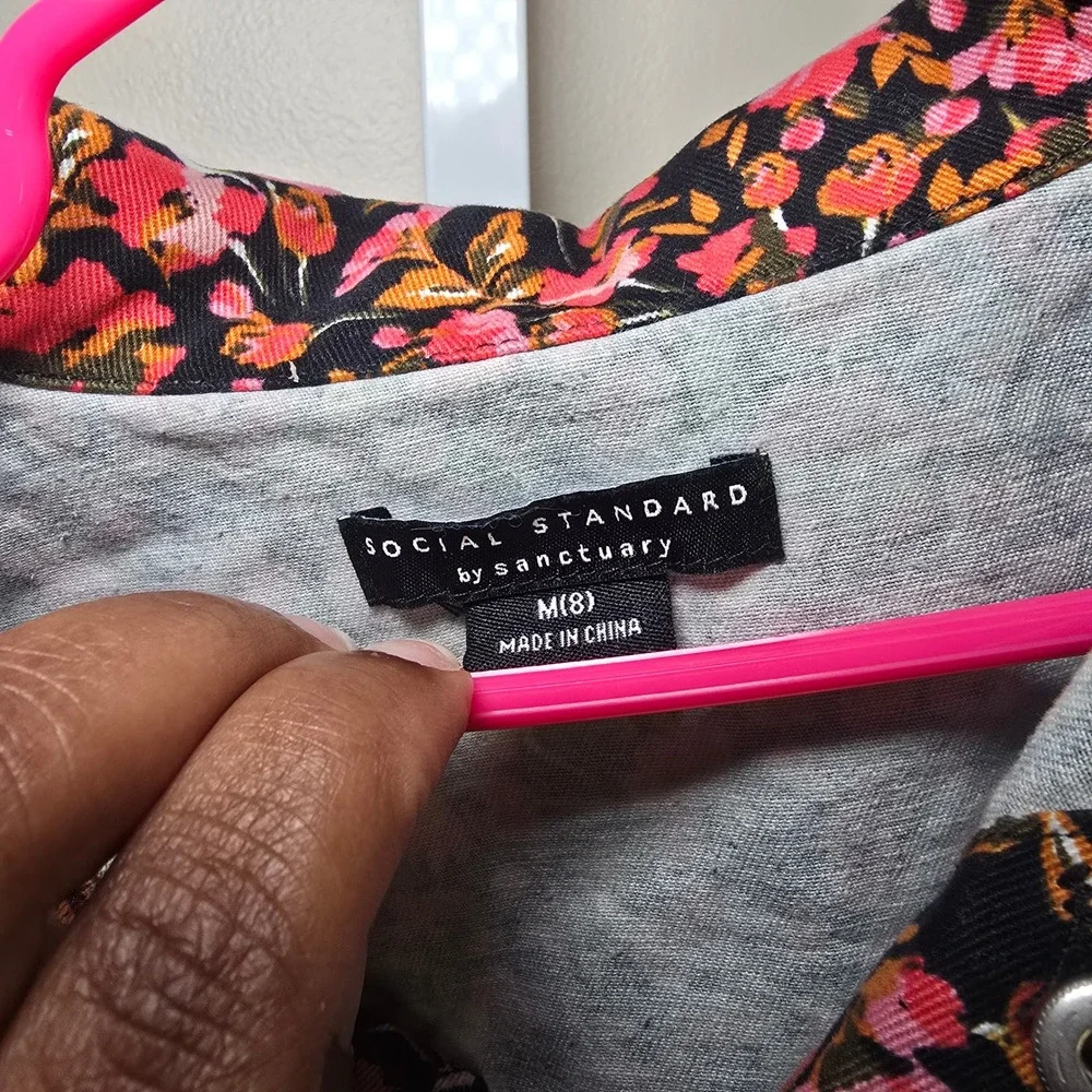 Social Standard by Sanctuary Girls Floral Denim Jacket Pink Orange Black Size 8
